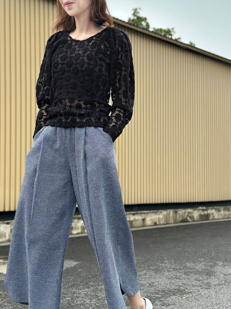 Surprise Sale! Black Dots Round Collar Pleated Shoulder Knit Top