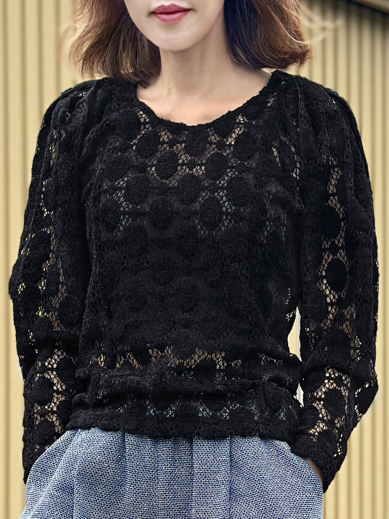 Surprise Sale! Black Dots Round Collar Pleated Shoulder Knit Top