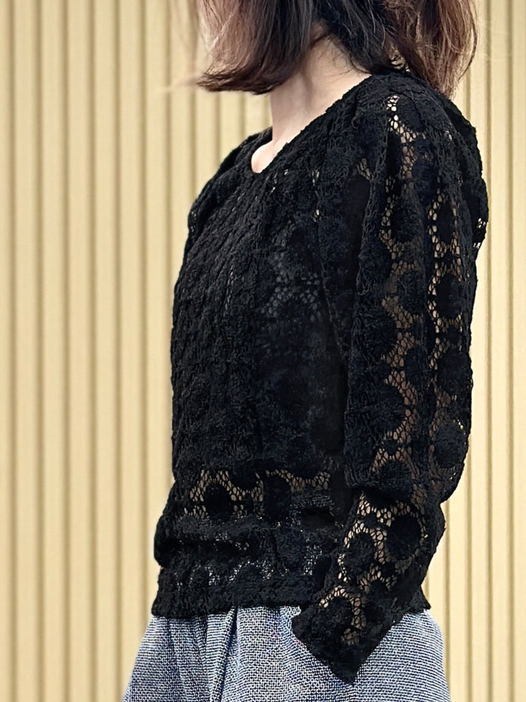 Surprise Sale! Black Dots Round Collar Pleated Shoulder Knit Top