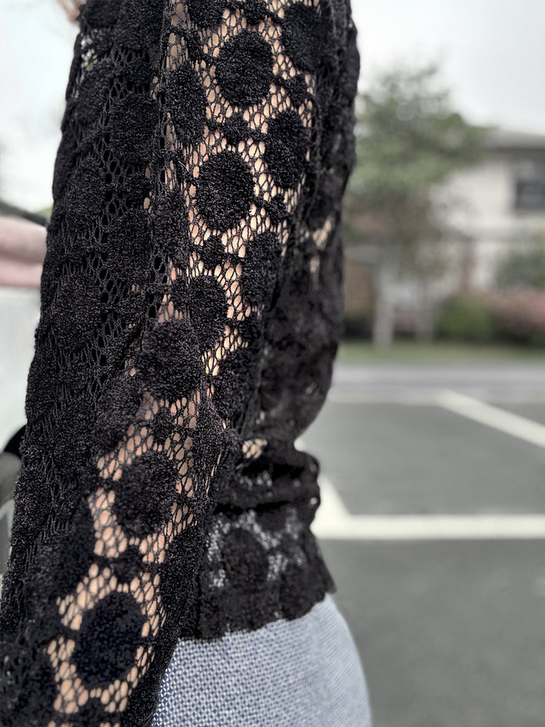 Surprise Sale! Black Dots Round Collar Pleated Shoulder Knit Top