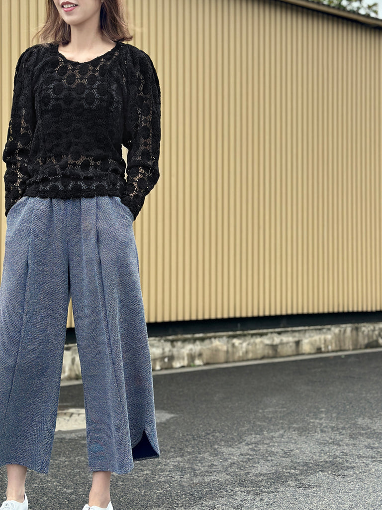 Surprise Sale! Black Dots Round Collar Pleated Shoulder Knit Top