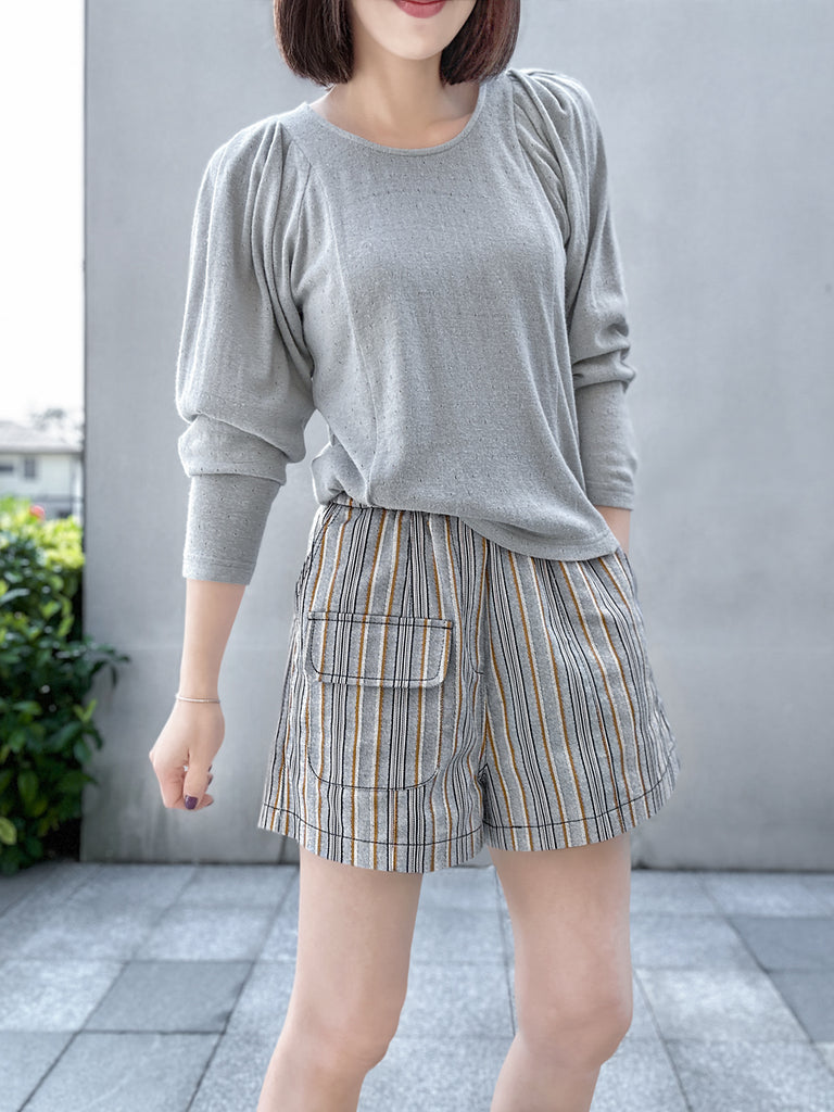 Surprise Sale! Grey Lurex Round Collar Pleated Shoulder Knit Top