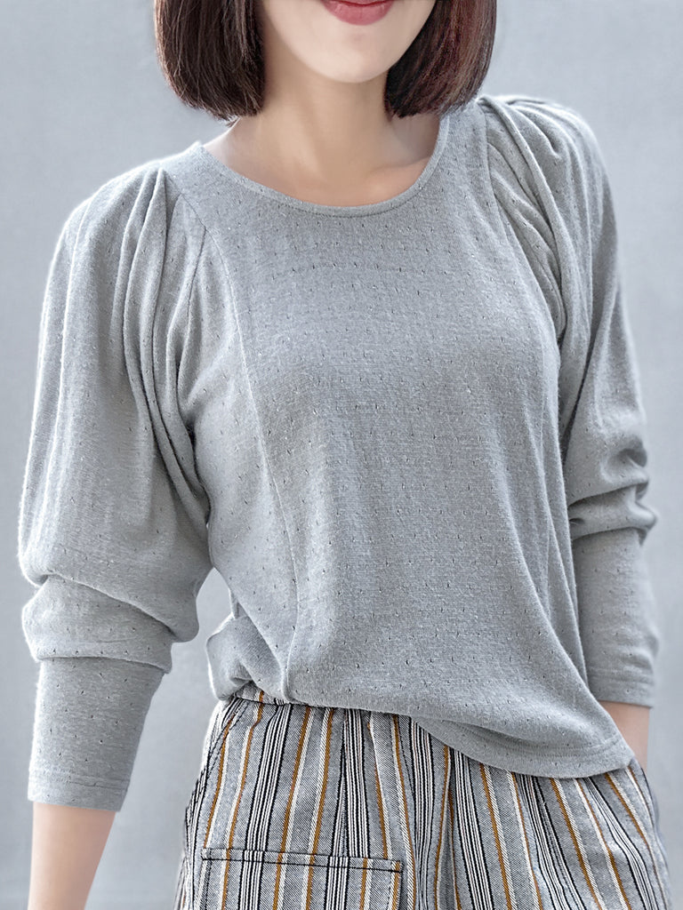 Surprise Sale! Grey Lurex Round Collar Pleated Shoulder Knit Top