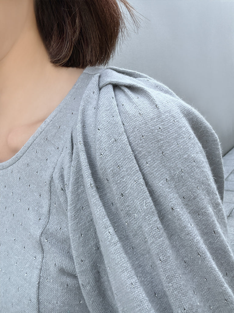 Surprise Sale! Grey Lurex Round Collar Pleated Shoulder Knit Top