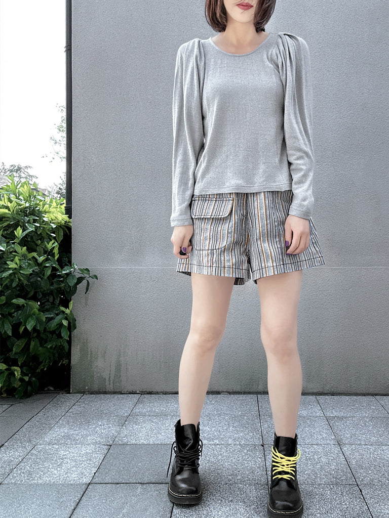 Surprise Sale! Grey Lurex Round Collar Pleated Shoulder Knit Top