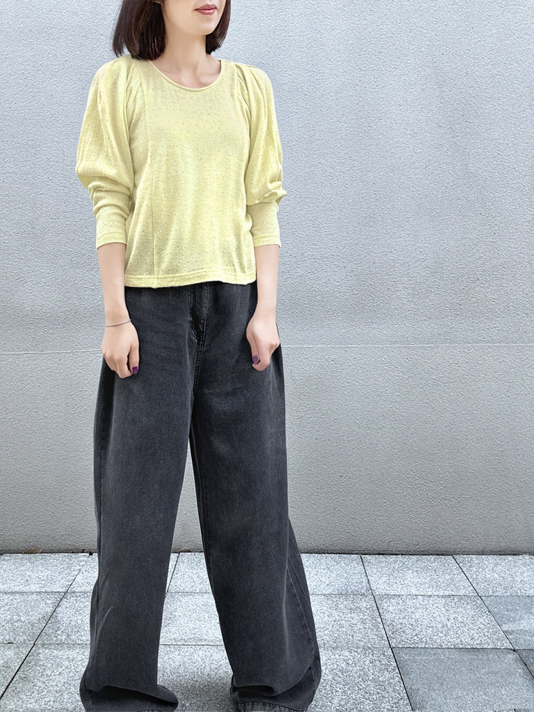 Surprise Sale! Yellow Lurex Round Collar Pleated Shoulder Knit Top