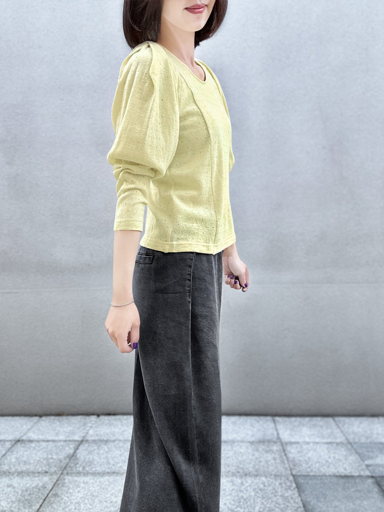 Surprise Sale! Yellow Lurex Round Collar Pleated Shoulder Knit Top