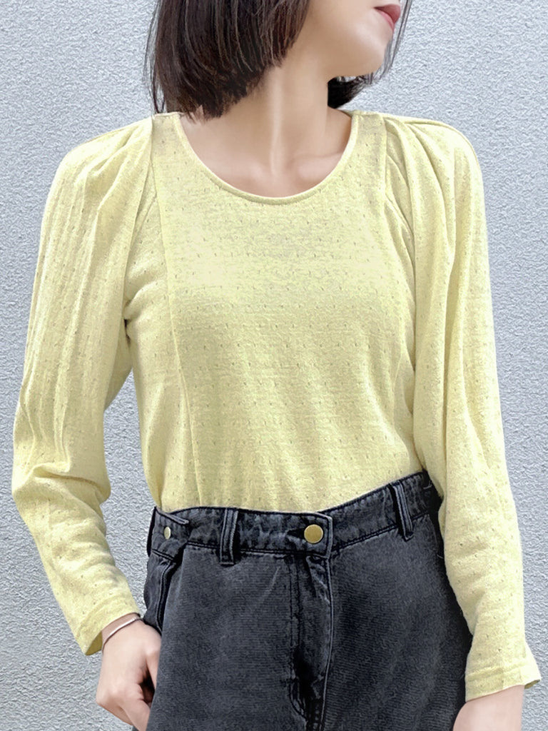 Surprise Sale! Yellow Lurex Round Collar Pleated Shoulder Knit Top
