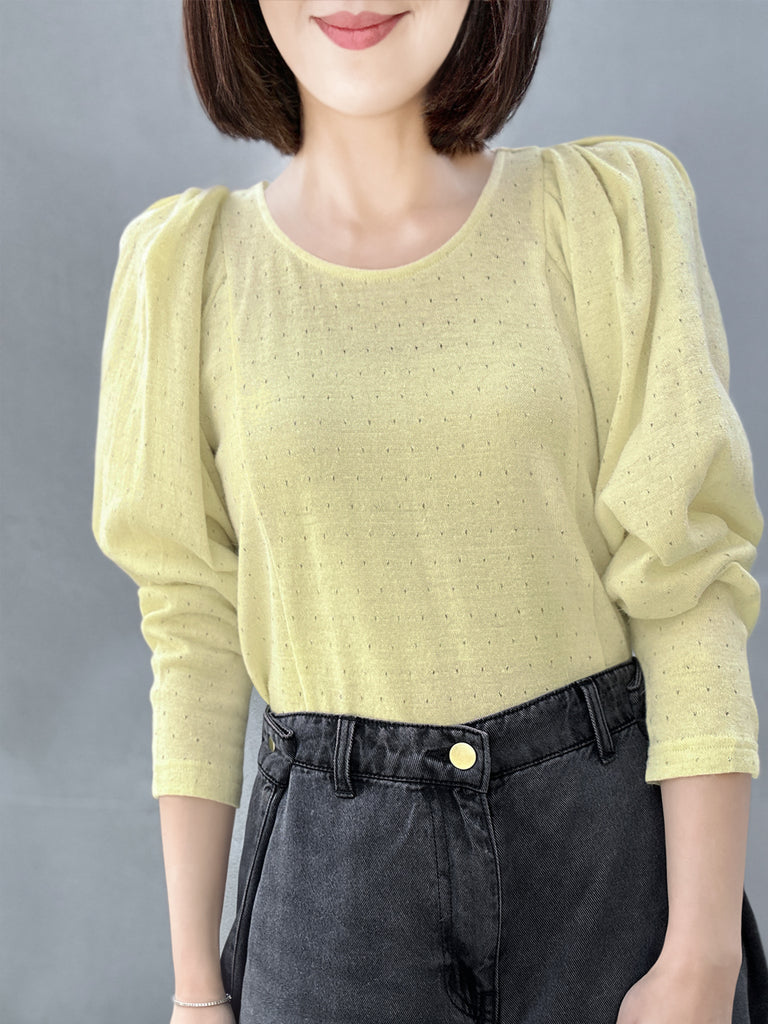 Surprise Sale! Yellow Lurex Round Collar Pleated Shoulder Knit Top