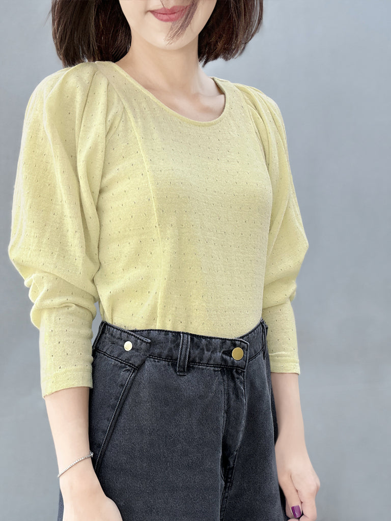 Surprise Sale! Yellow Lurex Round Collar Pleated Shoulder Knit Top