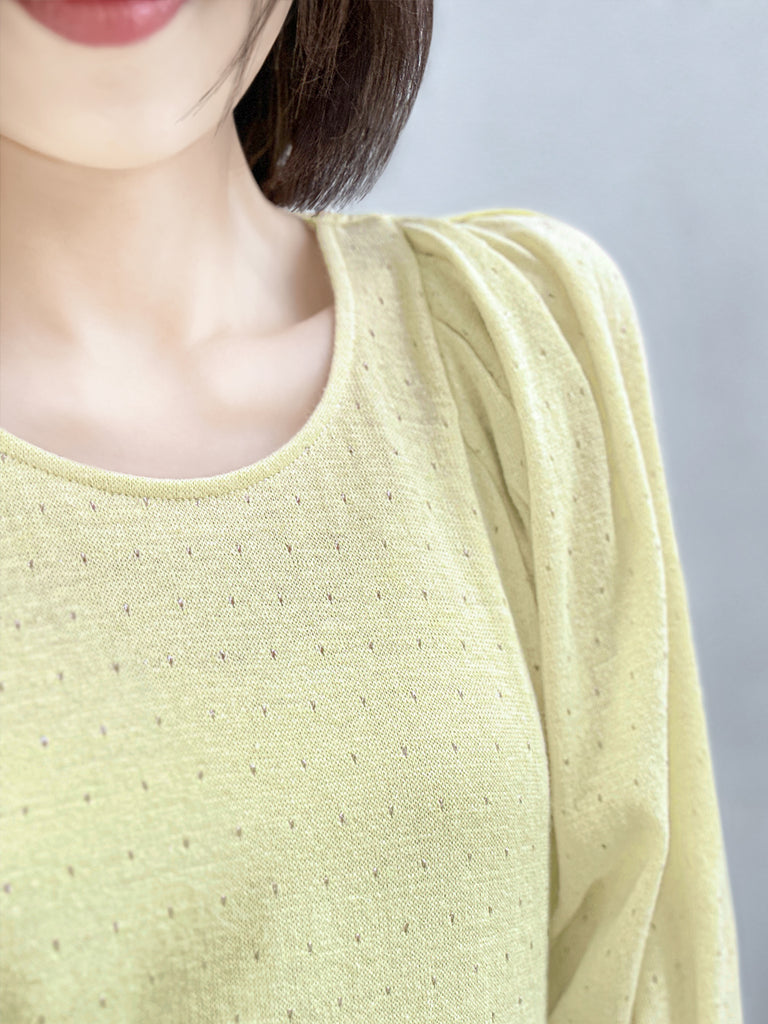 Surprise Sale! Yellow Lurex Round Collar Pleated Shoulder Knit Top