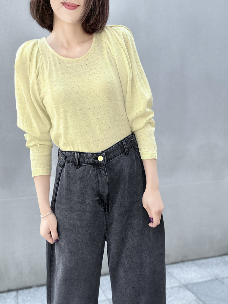 Surprise Sale! Yellow Lurex Round Collar Pleated Shoulder Knit Top
