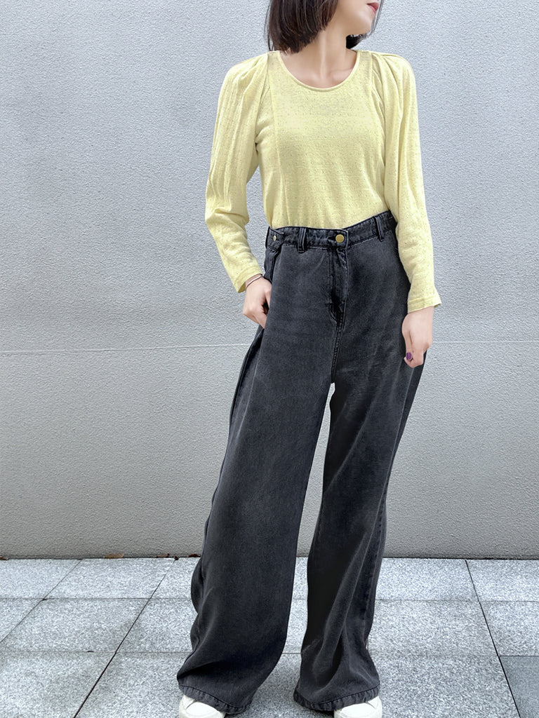 Surprise Sale! Yellow Lurex Round Collar Pleated Shoulder Knit Top
