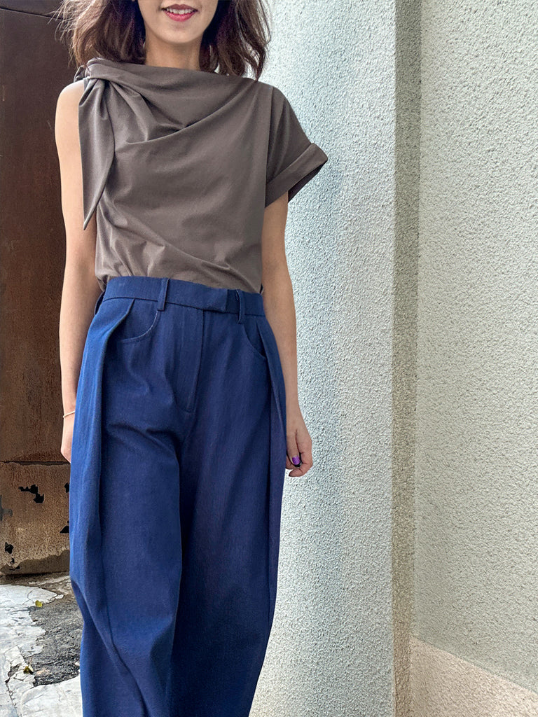 Surprise Sale! Denim Blue Pleat Front Detail Wide Leg Trousers