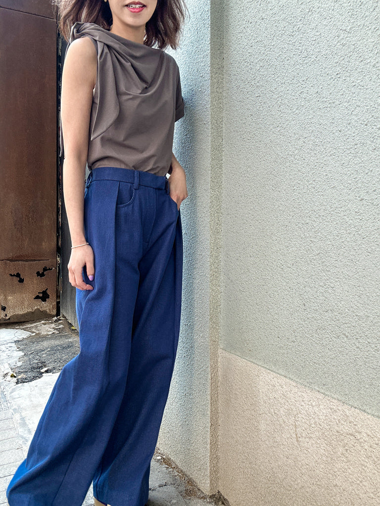 Surprise Sale! Denim Blue Pleat Front Detail Wide Leg Trousers