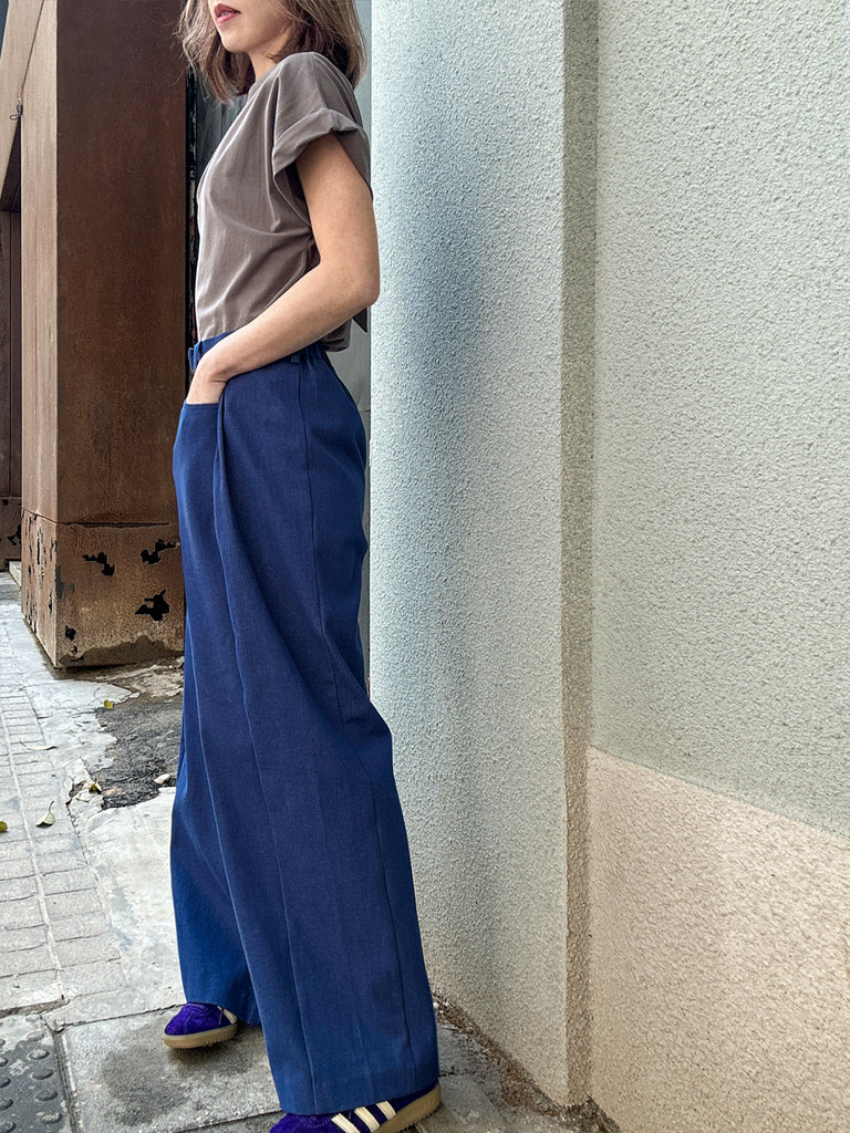 Surprise Sale! Denim Blue Pleat Front Detail Wide Leg Trousers