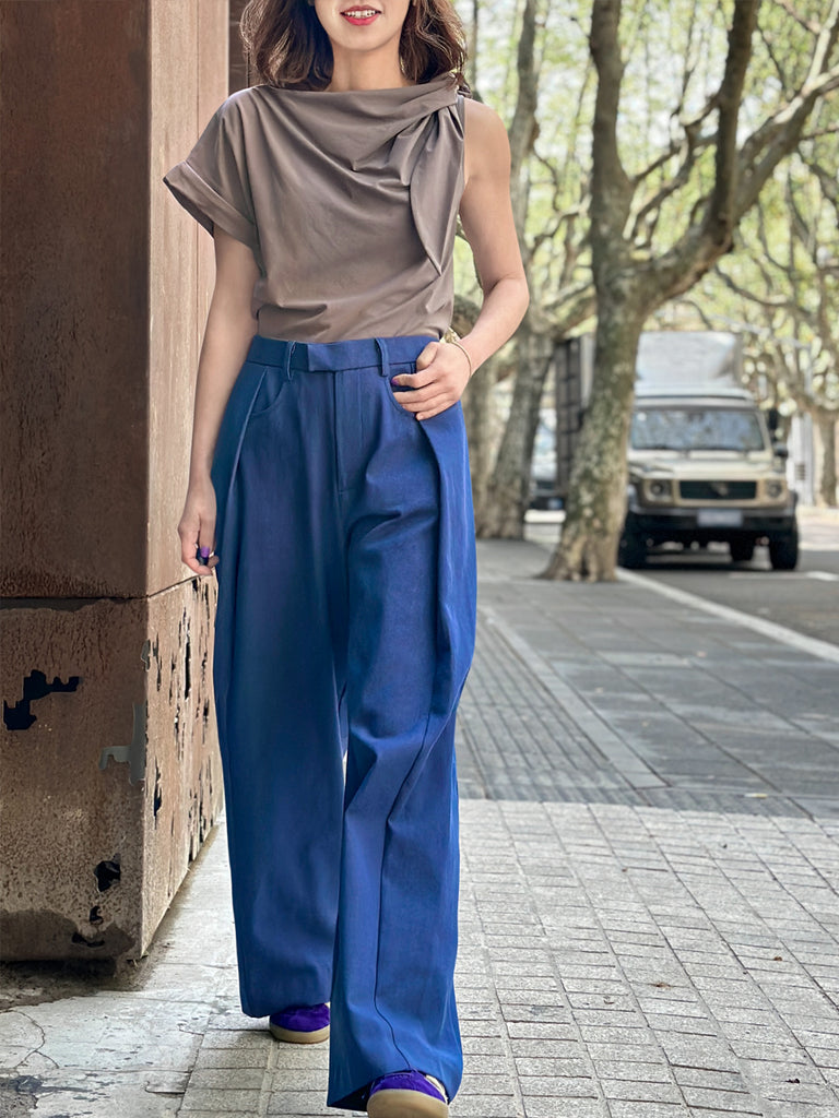 Surprise Sale! Denim Blue Pleat Front Detail Wide Leg Trousers