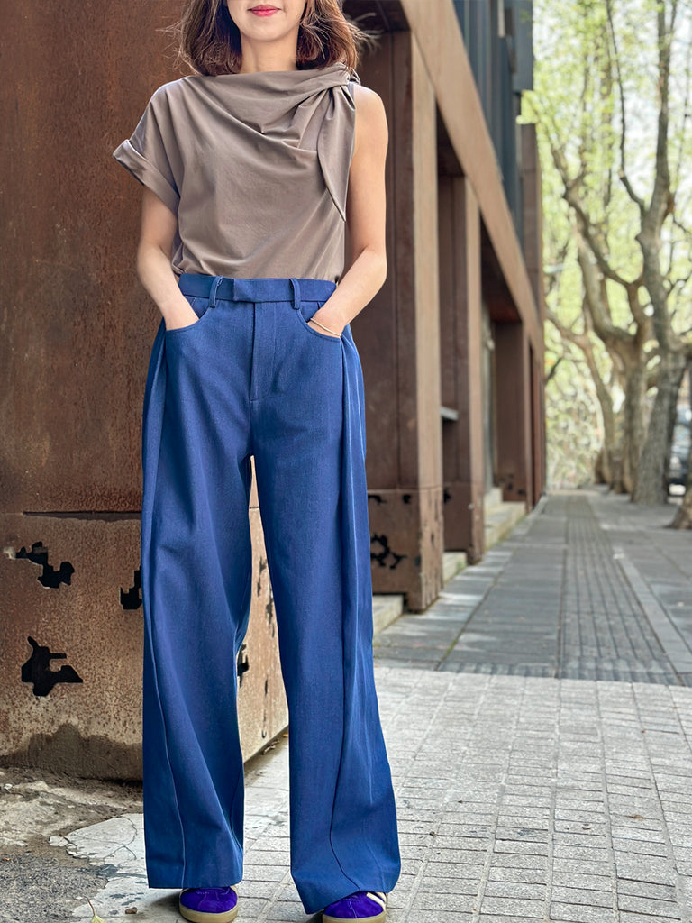 Surprise Sale! Denim Blue Pleat Front Detail Wide Leg Trousers
