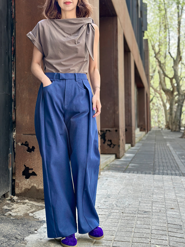 Surprise Sale! Denim Blue Pleat Front Detail Wide Leg Trousers