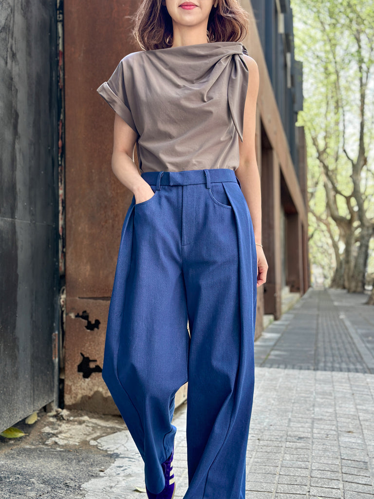 Surprise Sale! Denim Blue Pleat Front Detail Wide Leg Trousers