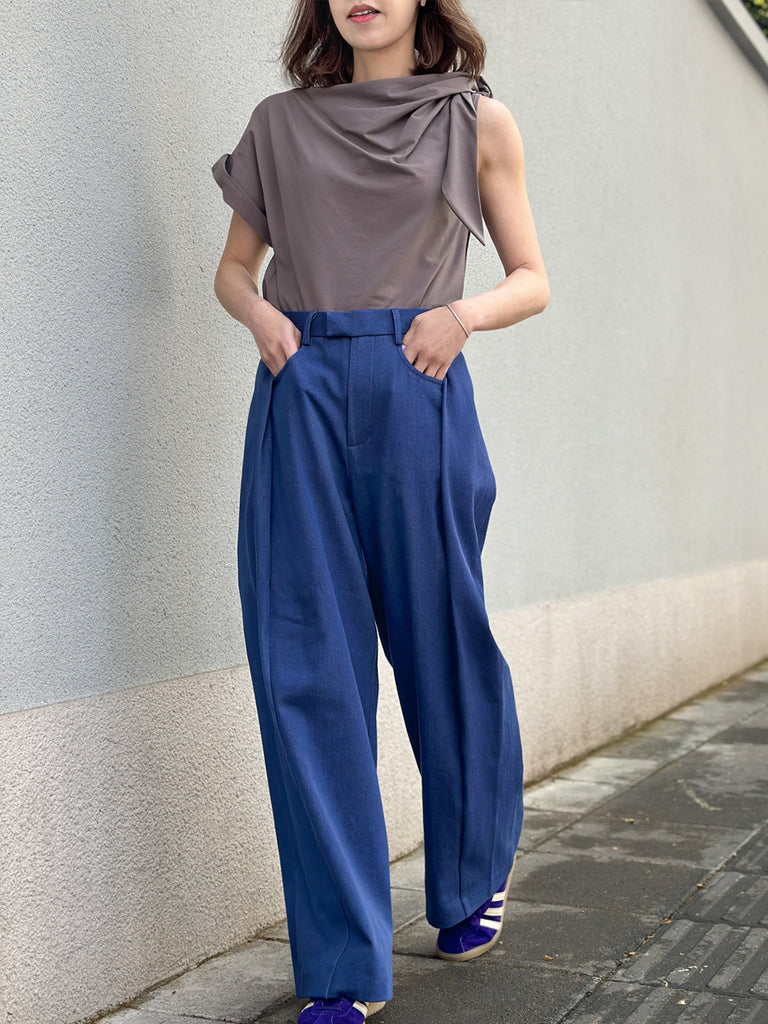Surprise Sale! Denim Blue Pleat Front Detail Wide Leg Trousers