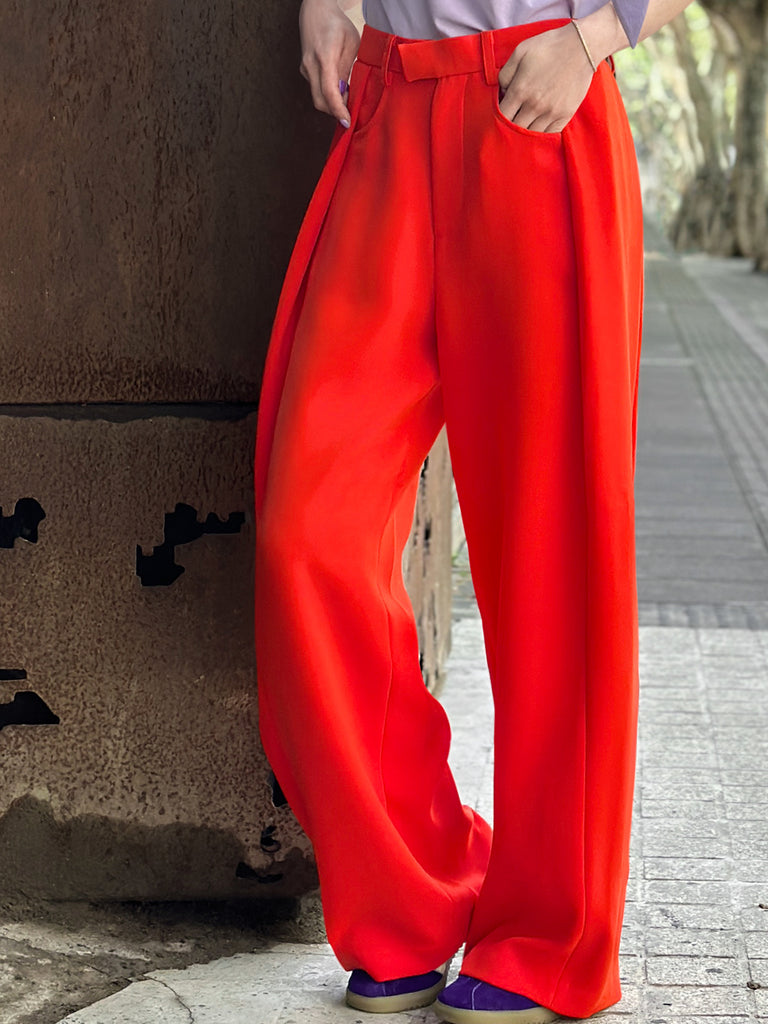 Surprise Sale! Poppy Red Pleat Front Detail Wide Leg Trousers