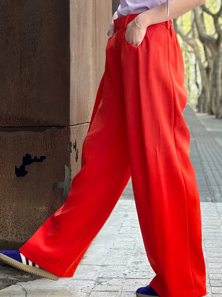 Surprise Sale! Poppy Red Pleat Front Detail Wide Leg Trousers