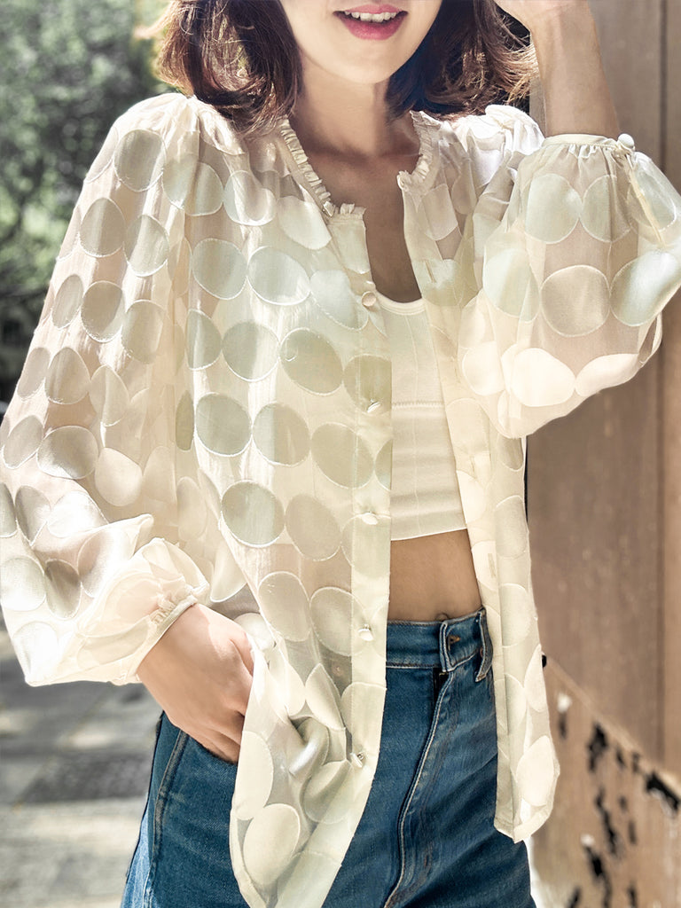 Last Chance! Ivory Dot Ruffle Collar Balloon Sleeve Silky Blouse