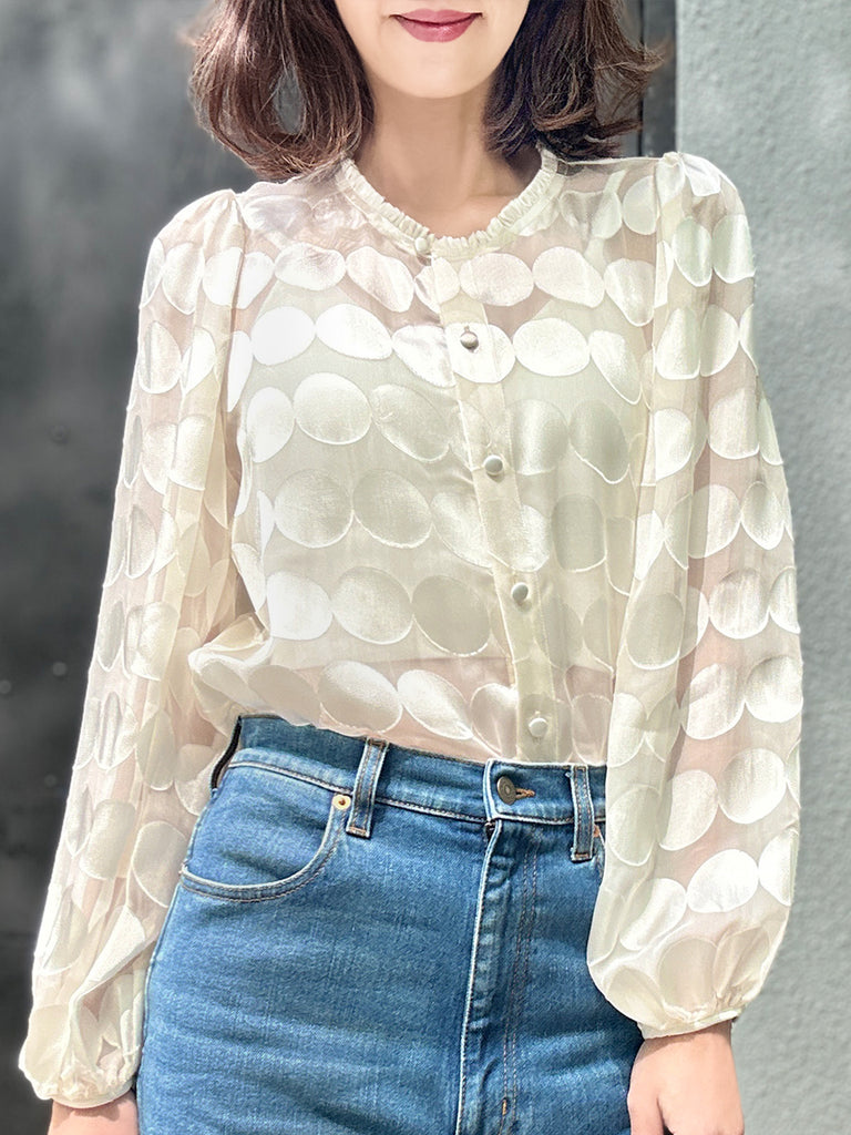 Last Chance! Ivory Dot Ruffle Collar Balloon Sleeve Silky Blouse