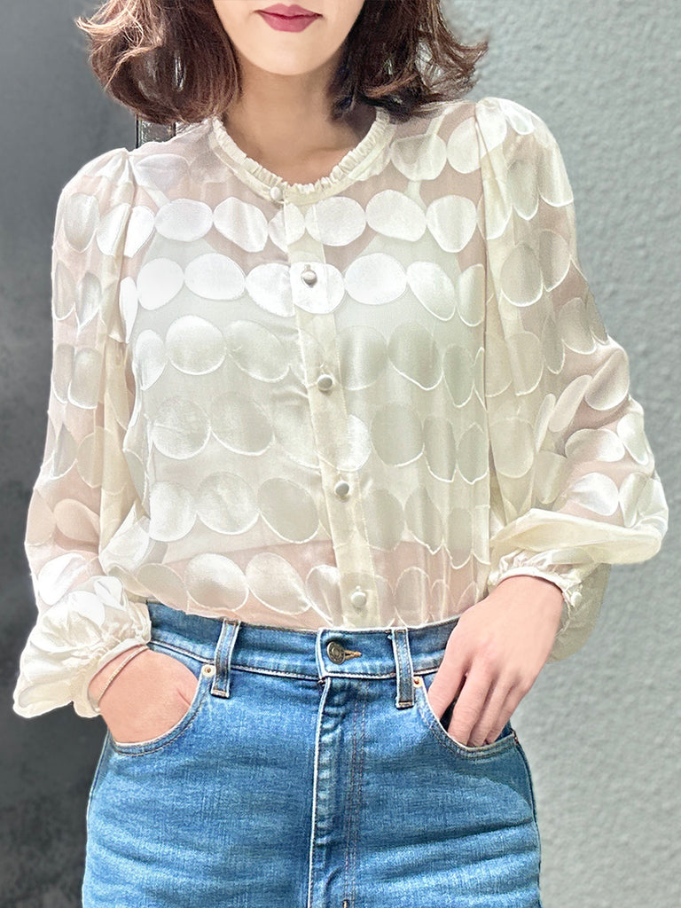Last Chance! Ivory Dot Ruffle Collar Balloon Sleeve Silky Blouse