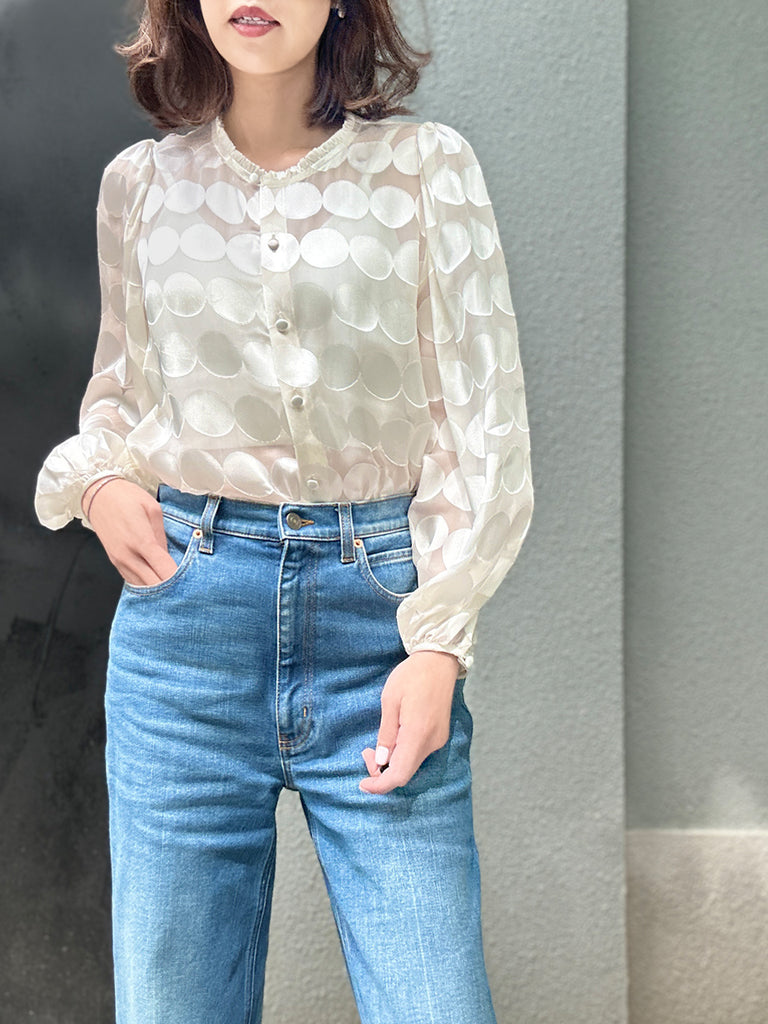 Last Chance! Ivory Dot Ruffle Collar Balloon Sleeve Silky Blouse