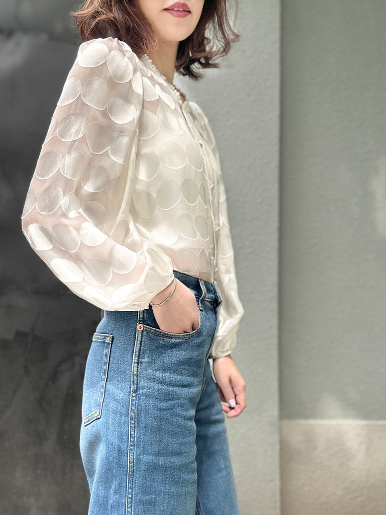 Last Chance! Ivory Dot Ruffle Collar Balloon Sleeve Silky Blouse