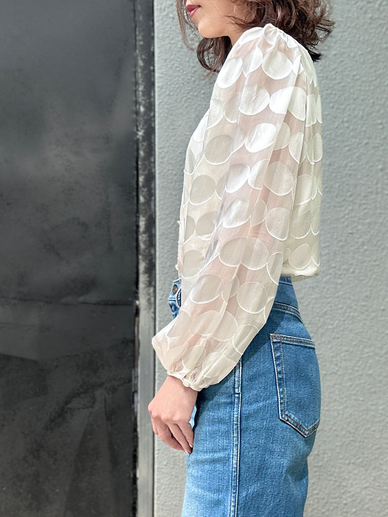 Last Chance! Ivory Dot Ruffle Collar Balloon Sleeve Silky Blouse