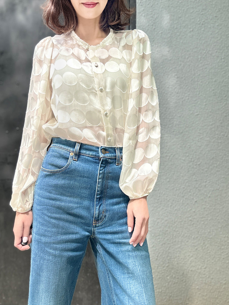 Last Chance! Ivory Dot Ruffle Collar Balloon Sleeve Silky Blouse