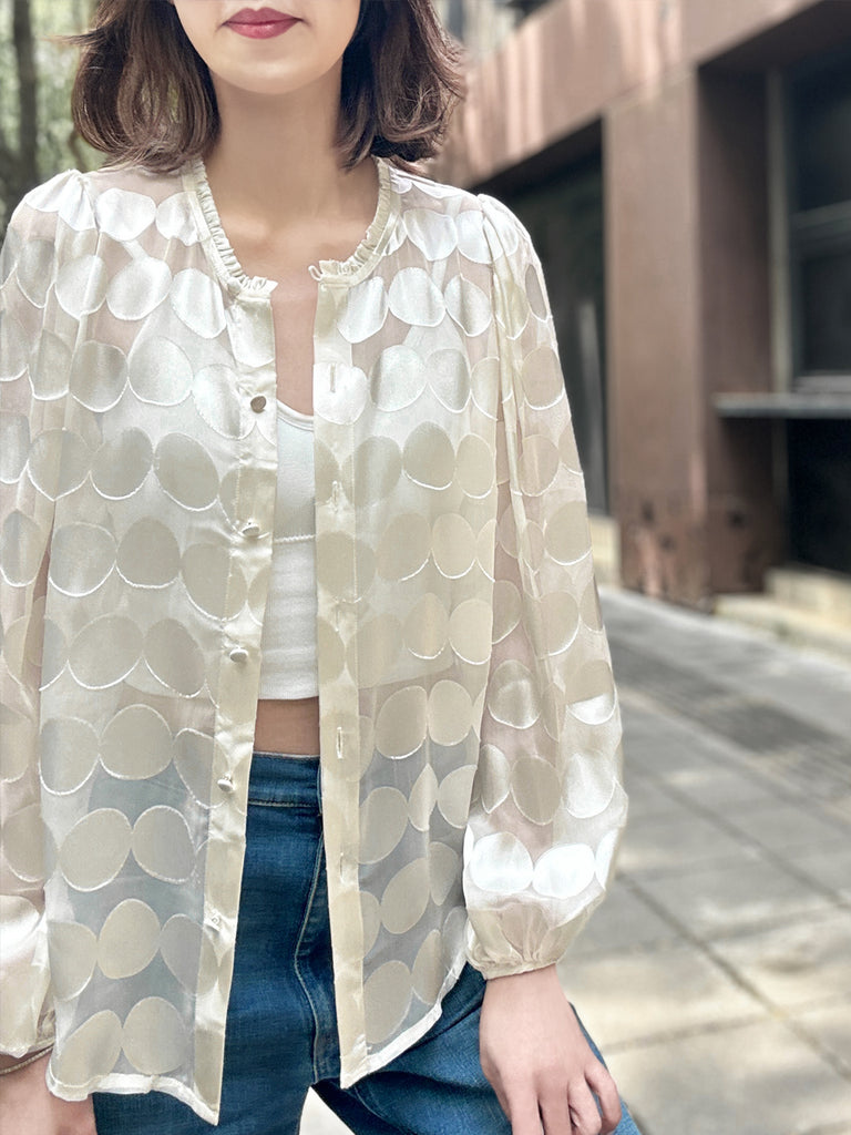 Last Chance! Ivory Dot Ruffle Collar Balloon Sleeve Silky Blouse