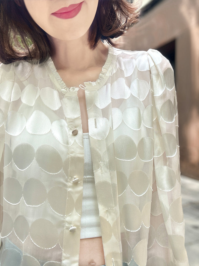 Last Chance! Ivory Dot Ruffle Collar Balloon Sleeve Silky Blouse