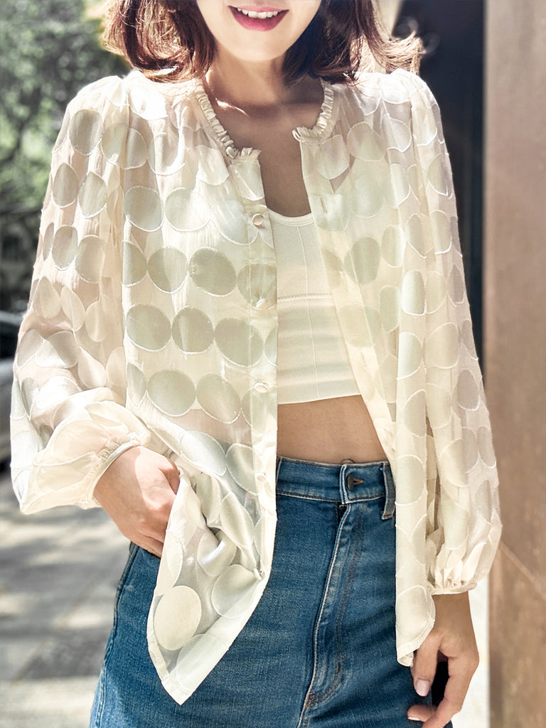 Last Chance! Ivory Dot Ruffle Collar Balloon Sleeve Silky Blouse