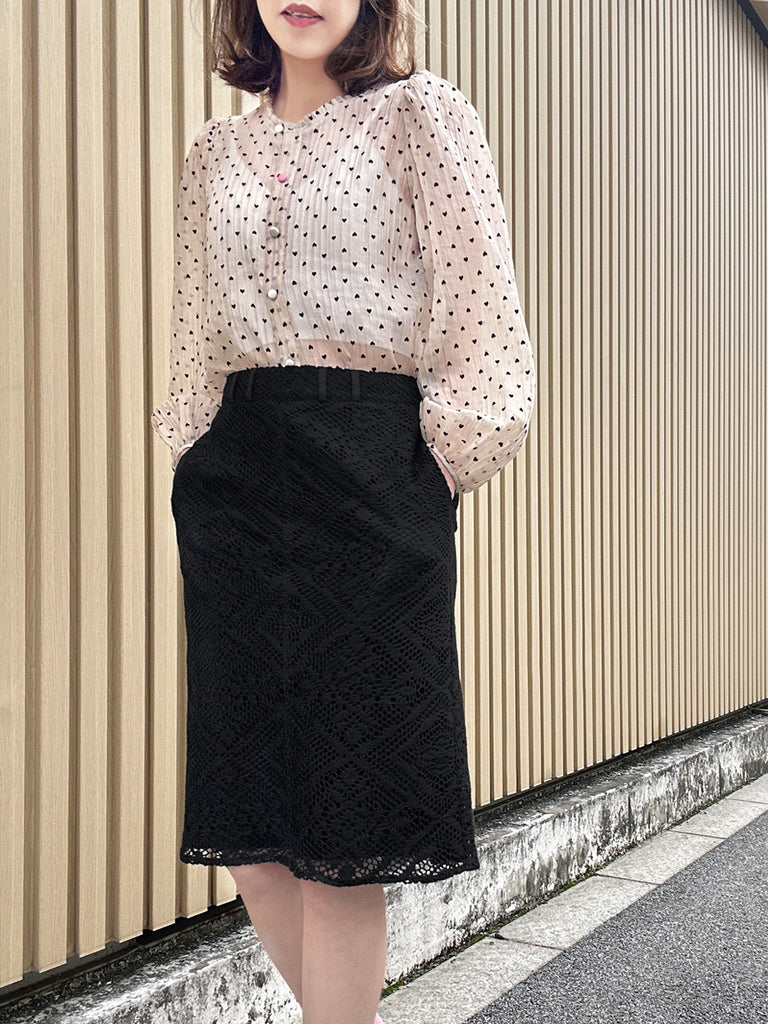 Final Sale! Hearty Print Ruffle Collar Balloon Sleeve Airy Blouse