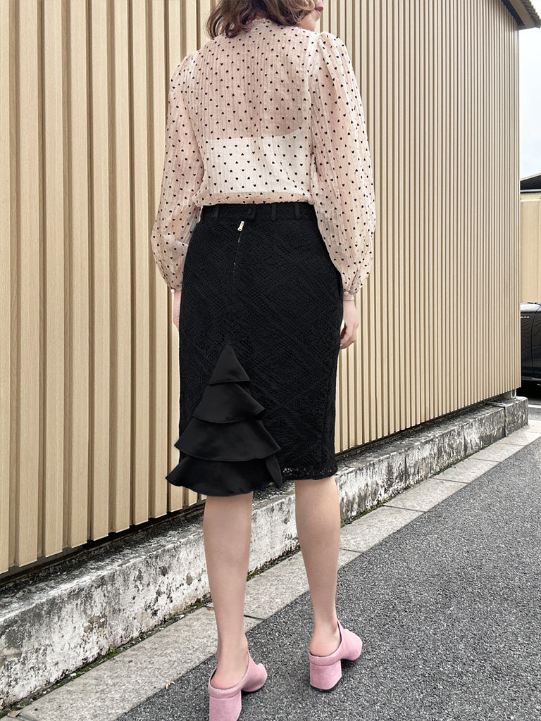 Final Sale! Hearty Print Ruffle Collar Balloon Sleeve Airy Blouse