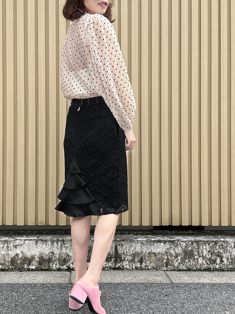 Final Sale! Hearty Print Ruffle Collar Balloon Sleeve Airy Blouse