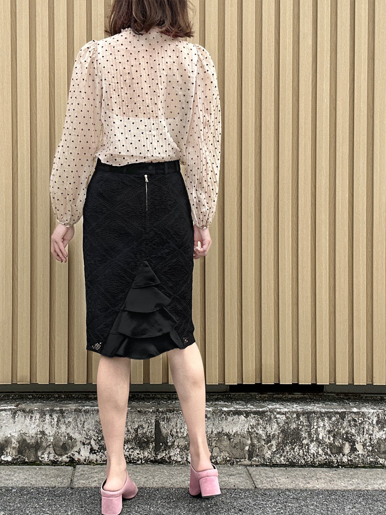 Final Sale! Hearty Print Ruffle Collar Balloon Sleeve Airy Blouse