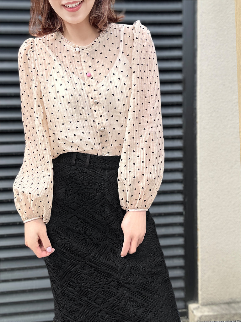 Final Sale! Hearty Print Ruffle Collar Balloon Sleeve Airy Blouse