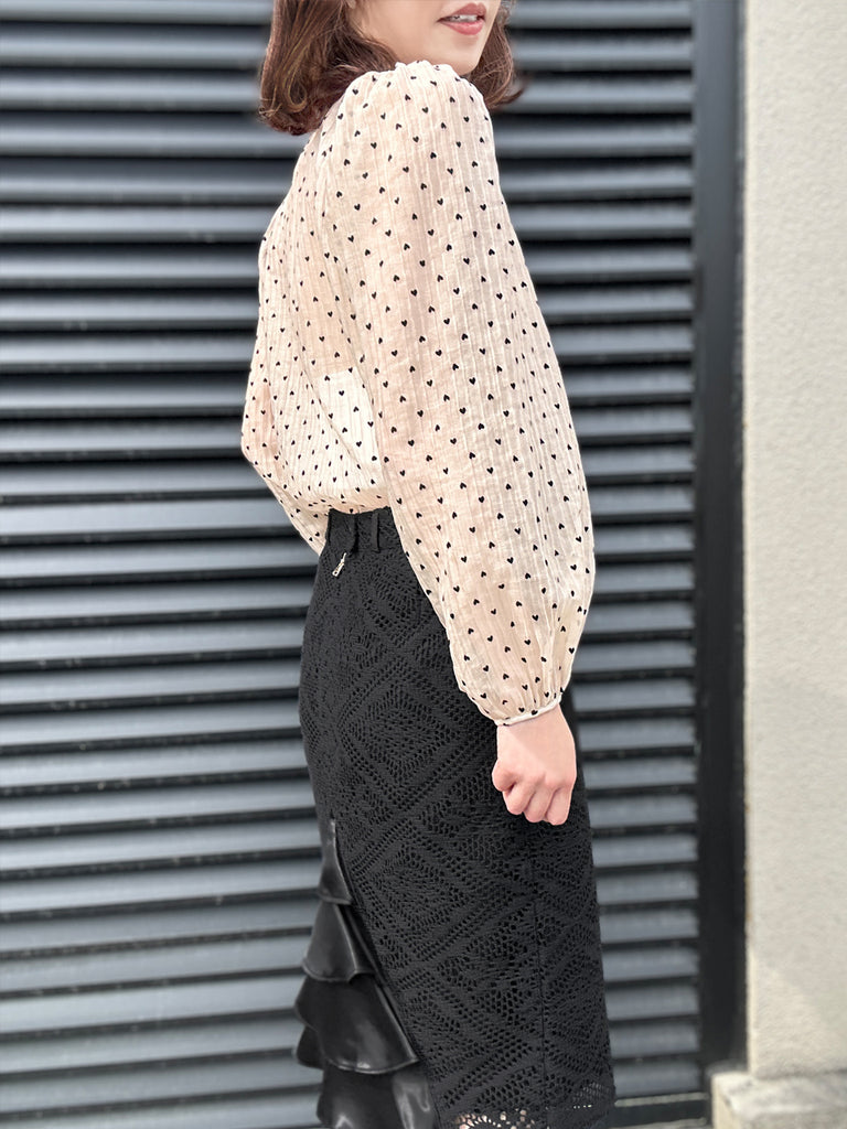 Final Sale! Hearty Print Ruffle Collar Balloon Sleeve Airy Blouse