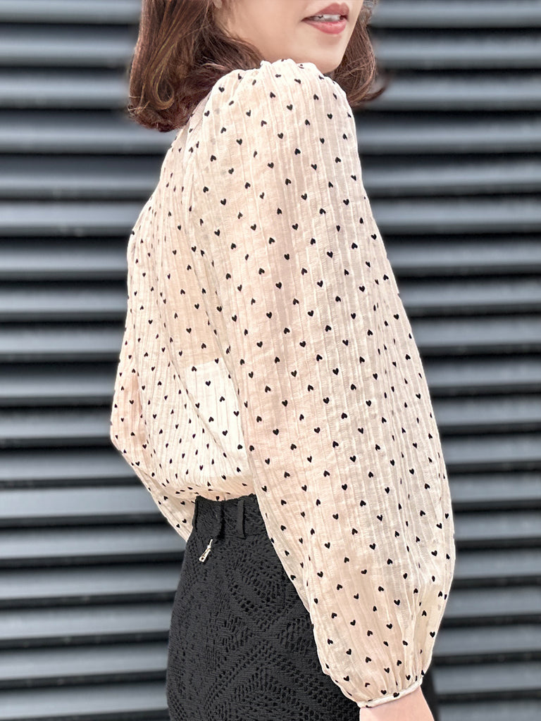 Final Sale! Hearty Print Ruffle Collar Balloon Sleeve Airy Blouse