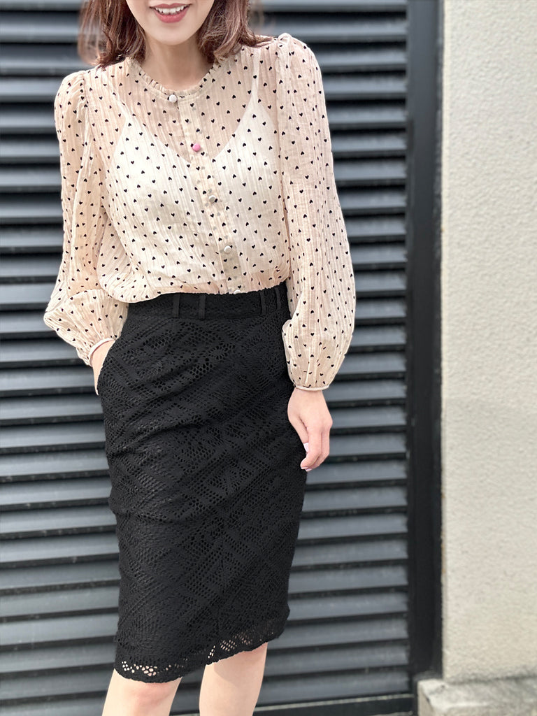 Final Sale! Hearty Print Ruffle Collar Balloon Sleeve Airy Blouse