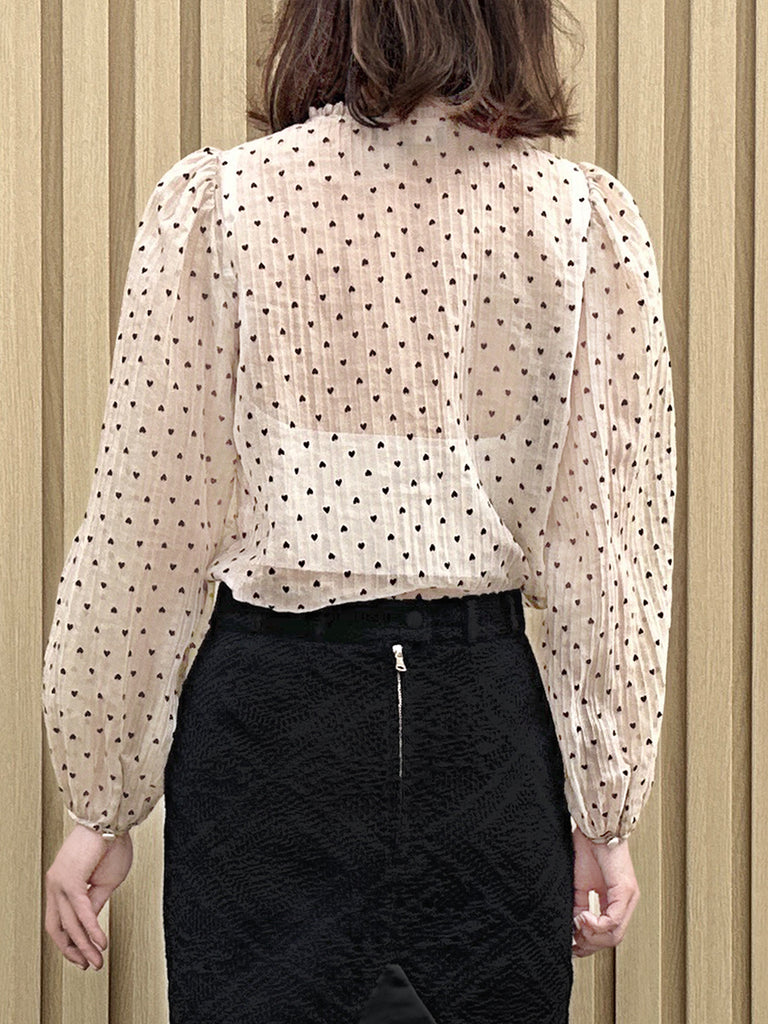 Final Sale! Hearty Print Ruffle Collar Balloon Sleeve Airy Blouse
