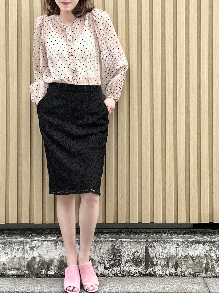 Final Sale! Hearty Print Ruffle Collar Balloon Sleeve Airy Blouse