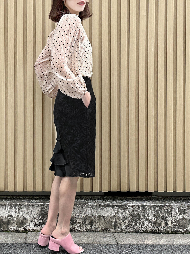 Final Sale! Hearty Print Ruffle Collar Balloon Sleeve Airy Blouse