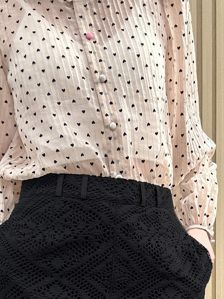 Final Sale! Hearty Print Ruffle Collar Balloon Sleeve Airy Blouse