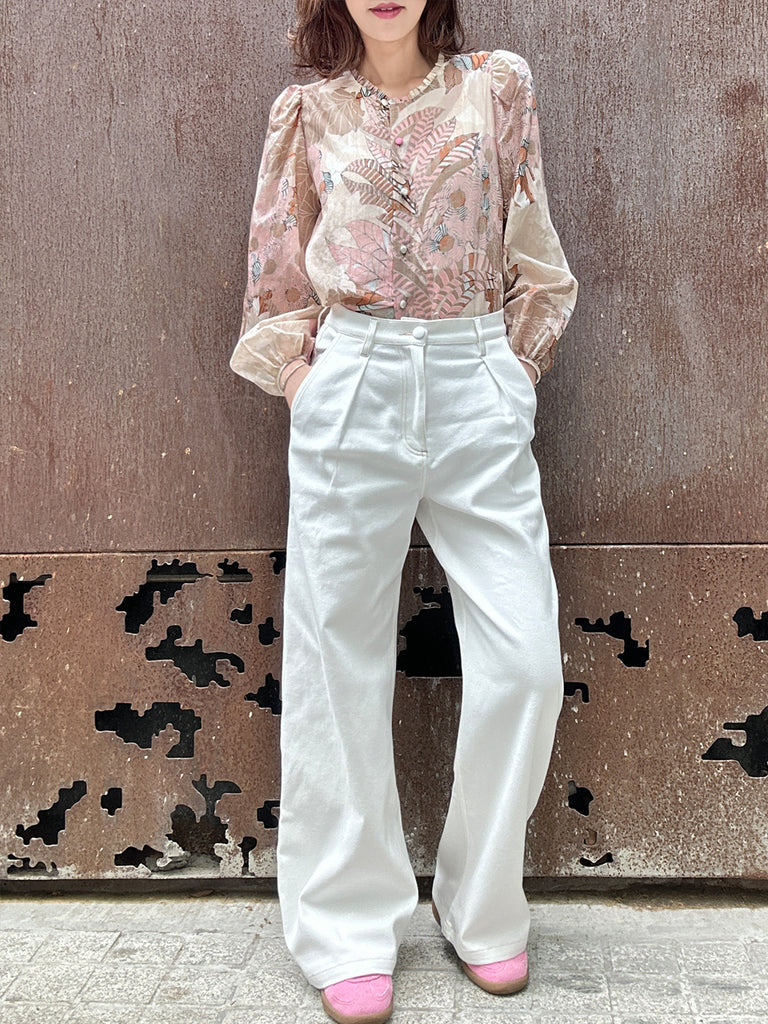 Pinky Floral Ruffle Collar Balloon Sleeve Cotton Silk Blouse